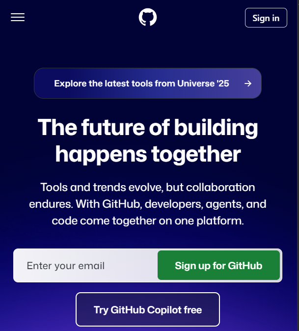 Github homepage mobile screenshot.